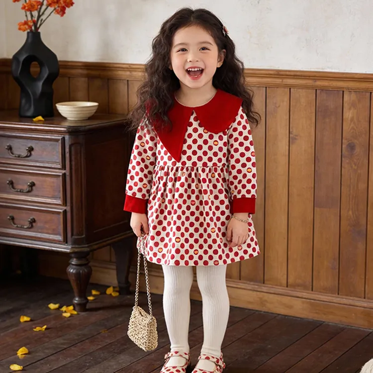 女童加绒连衣裙秋冬季大红色新年公主裙2025新款洋气复古格子裙子
