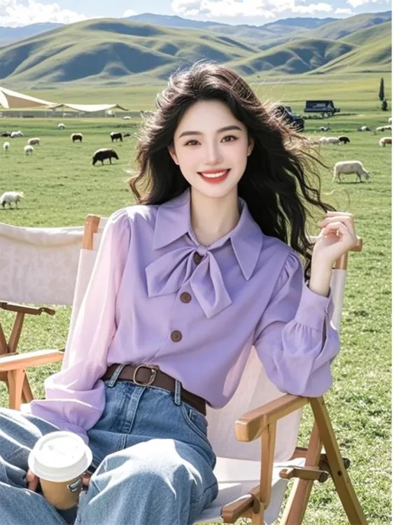 紫色蝴蝶结系带衬衫女2025早春法式别致百搭长袖衬衣高端气质上衣