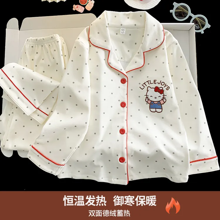 女童德绒睡衣冬季加厚保暖套装卡通KT猫女孩初中生儿童家居服冬款