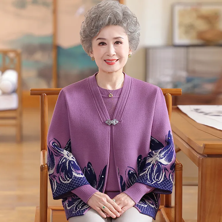 中老年人毛衣两件套女老太太秋冬妈妈装加厚套装老人奶奶针织外套