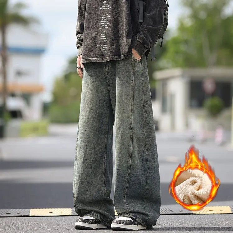 男款冬季加绒保暖弯刀裤复古直筒怀旧水洗显瘦百搭宽松阔腿牛仔裤
