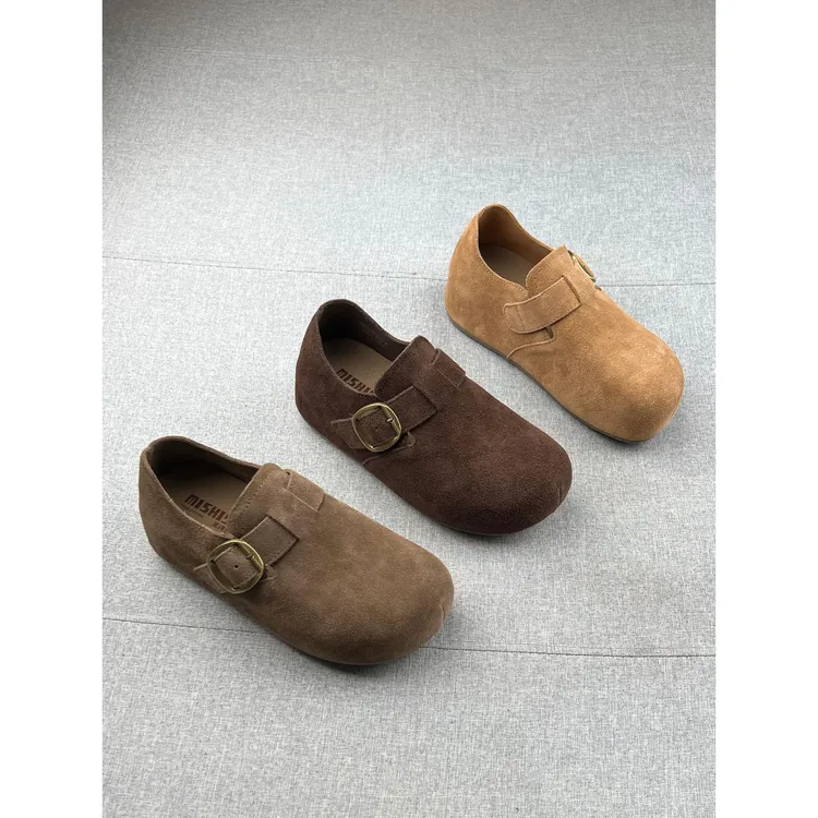 复古真皮内增高勃肯鞋女2025秋新款皮带扣圆头丑萌森系一脚蹬单鞋