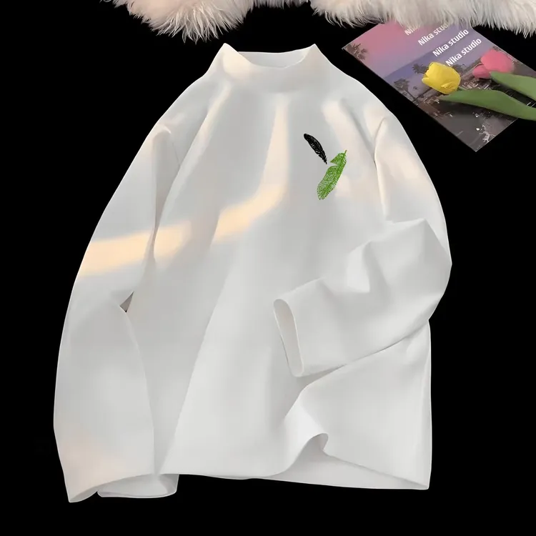 280g重磅德绒保暖卫衣叶子印花半高领长袖T恤男女秋冬蓄热打底衫