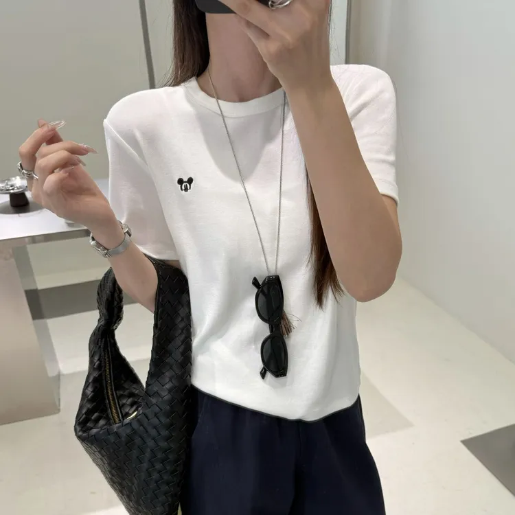 QIANBEISI纤贝思713卡通刺绣T恤女2025秋冬圆领短袖正肩打底上衣