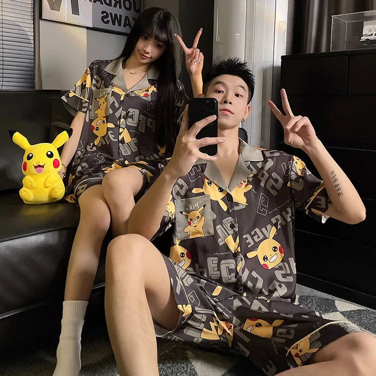 夏天情侣睡衣女大学冰丝短袖夏季男士大码卡通薄款简约家居服套装