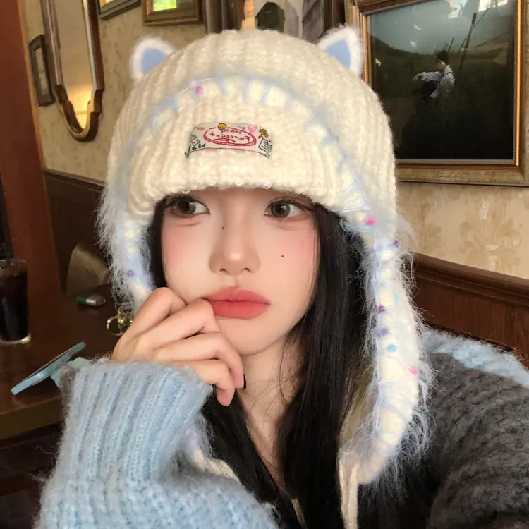 可爱猫咪耳朵护耳针织毛线帽女秋冬保暖雷锋帽大头围防寒套头帽子