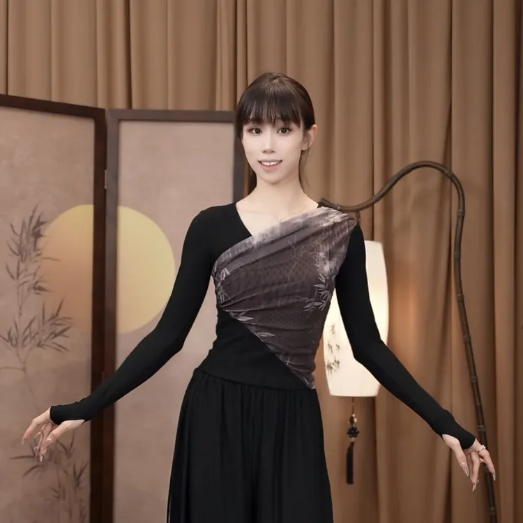MuMu水墨斜领设计感长袖套指现代舞练功服瑜伽服舞蹈服