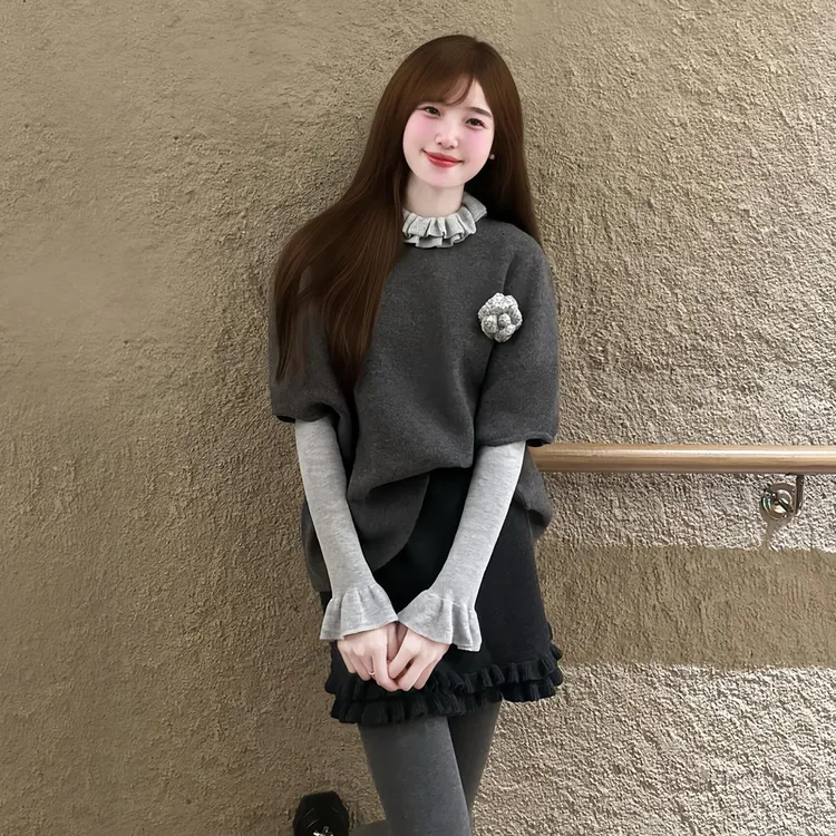 韩系灰色针织连衣裙子小众炸街高级感女装秋季2025新款一整套装裙