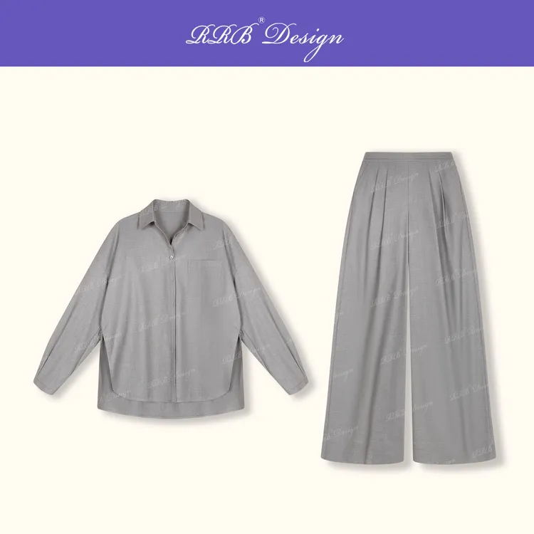 RRB Design 「geek chic」绵羊毛定染高级灰长袖衬衣+阔腿裤两件套