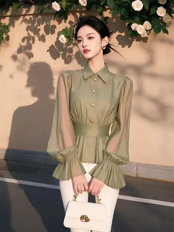 SS1195春夏气质绿色衬衫女高级感轻奢减龄洋气新款绝美小上衣