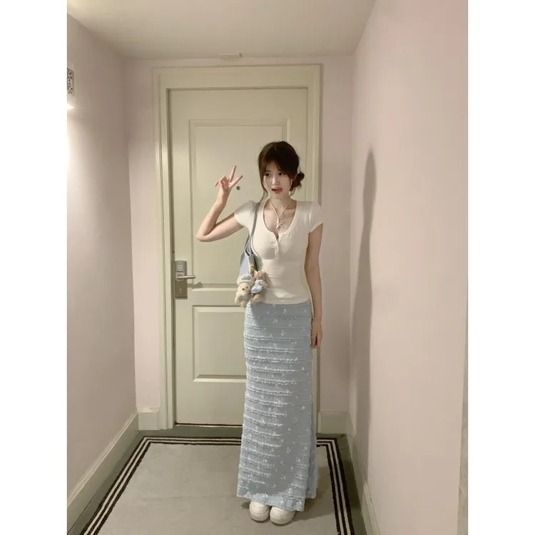 MARIE.COCO2025正肩T恤女露脐美式辣妹短上衣搭配半身裙长裙套装