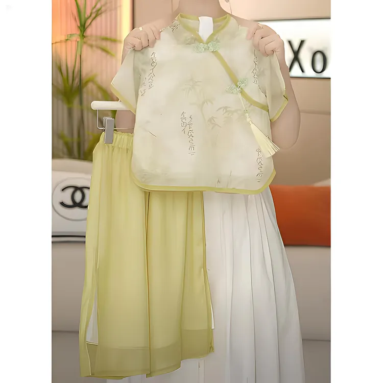 女童水墨画新中式套装2025夏季汉服短袖衬衫盘扣国风薄款阔腿裙裤
