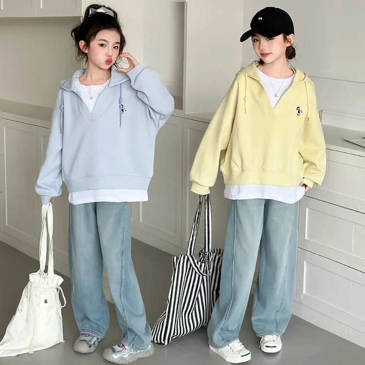 女童卫衣套装春秋2025新款儿童洋气时髦假两件上衣牛仔裤两件套潮