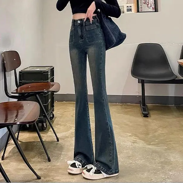 微喇牛仔裤女2025秋季新款百搭显瘦修身新款水泥灰弹力裤女小个子