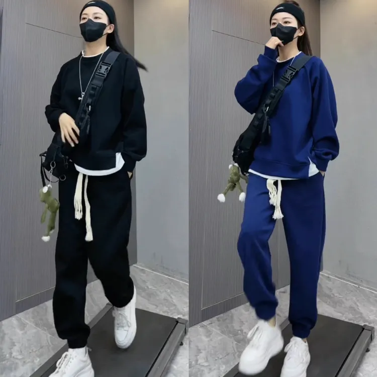 春秋新款高级感假两件休闲套装男潮流重磅简约卫衣卫裤运动两件套