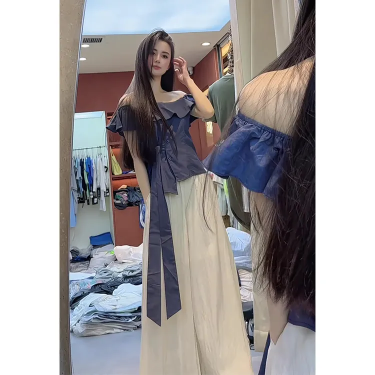 2025夏季新款女法式气质设计感一字肩飘带上衣高腰显瘦阔腿长裤