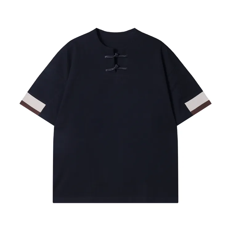 夏季新款时尚个性国风一字扣撞色圆领短袖T恤百搭气质简约上衣