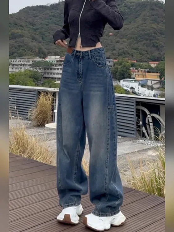 蓝色阔腿牛仔裤女2025秋季新款梨形身材大码显瘦高腰百搭弯刀裤
