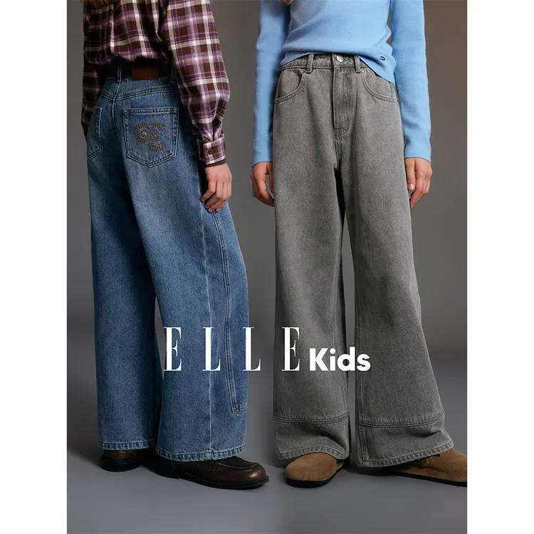 ELLE KIDS童装 复古水洗牛仔长裤女童秋冬新款学院风字母绣花裤D4