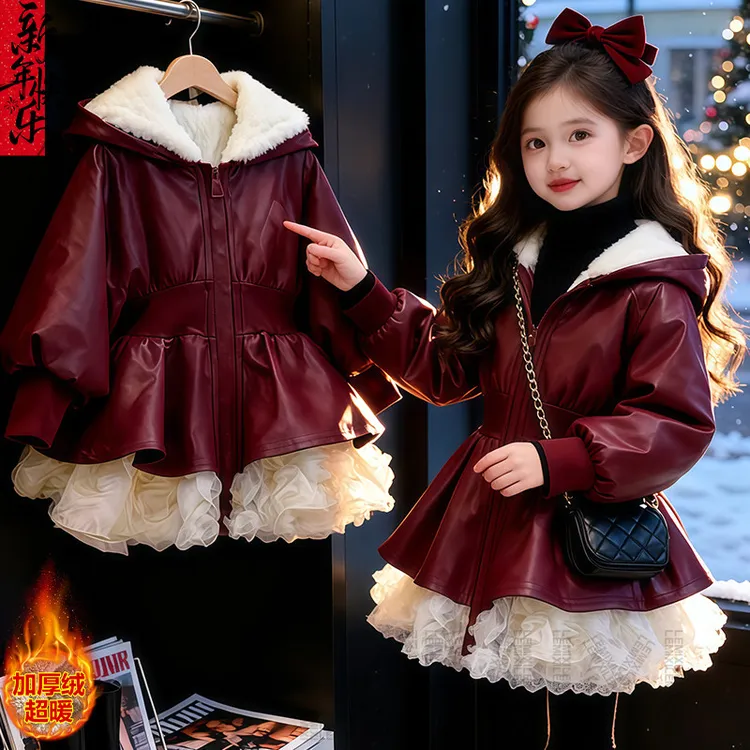 女童红色加绒花边皮衣派克服外套2026新款冬装中长款小香风pu风衣