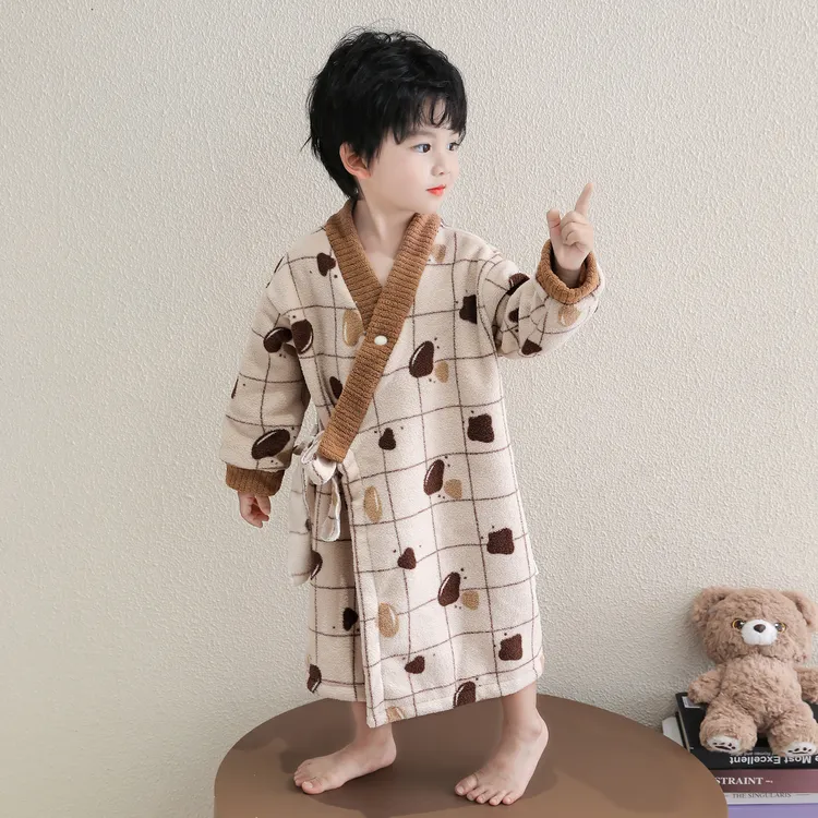 男童睡衣秋冬季雪粒绒加厚珊瑚绒2025新款儿童浴袍宝宝小男孩睡袍