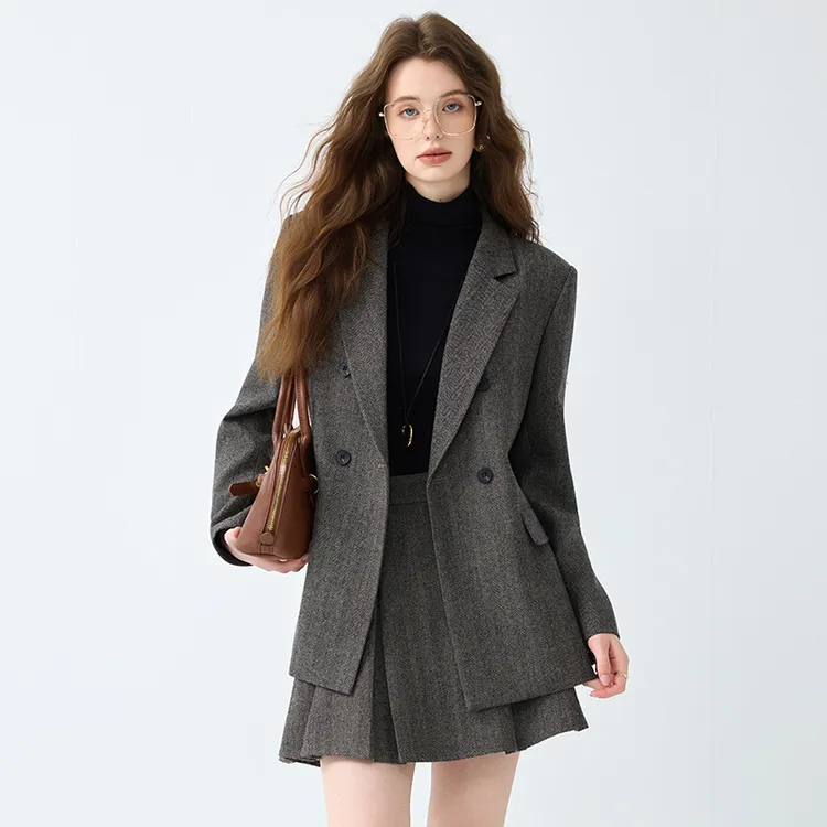 高端灰色毛呢西装套装女2025新款秋冬加厚气质小个子女士西服套裙