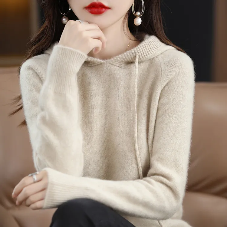 新款女装连帽针织衫时尚百搭秋冬减龄纯色套头显瘦