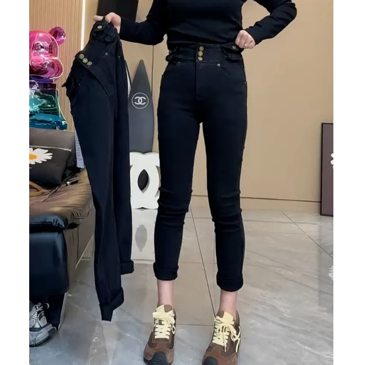 黑色高腰小脚牛仔裤女春秋大码胖mm弹力紧身显瘦百搭九分铅笔裤子