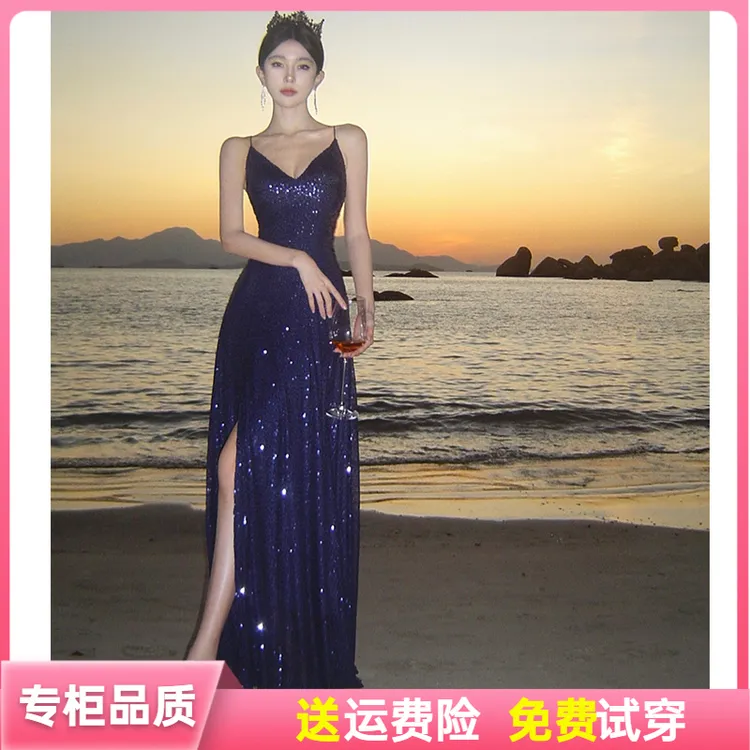 赫本风法式高级性感亮片拖地晚礼服女超长低胸V领吊带连衣裙