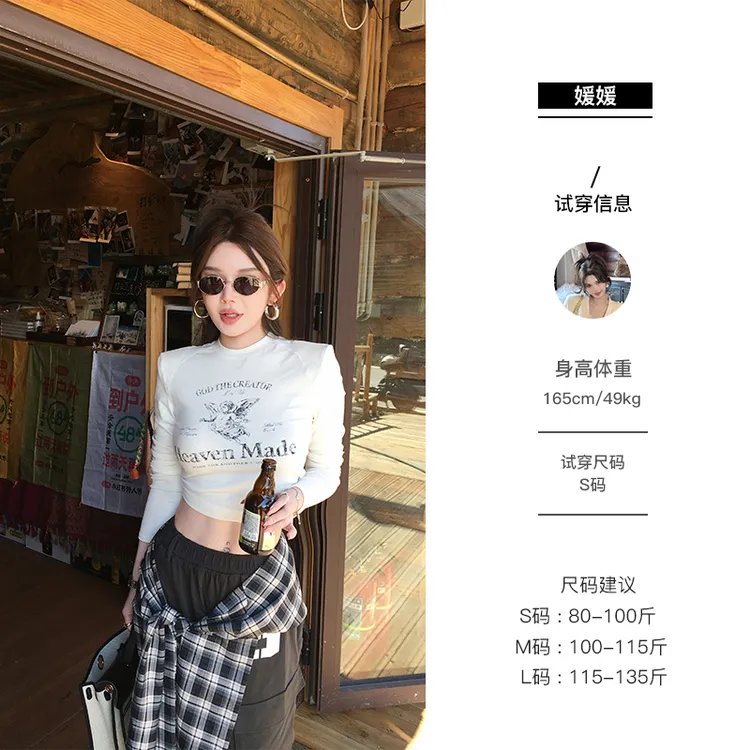 媛媛【直角肩玩家】新款美式复古休闲正肩印花T恤小领口长袖#D0960