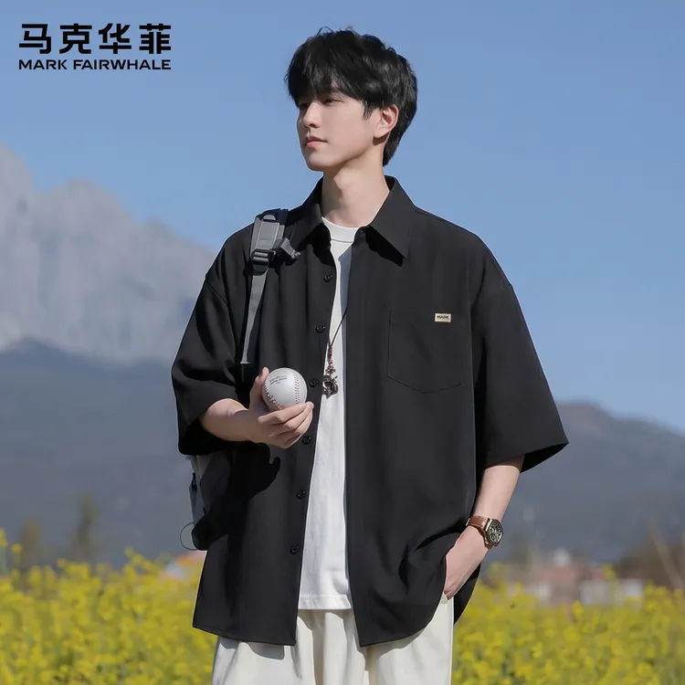 马克华菲港风短袖衬衫外套男款夏季薄款宽松透气纯色休闲短袖上衣商品图