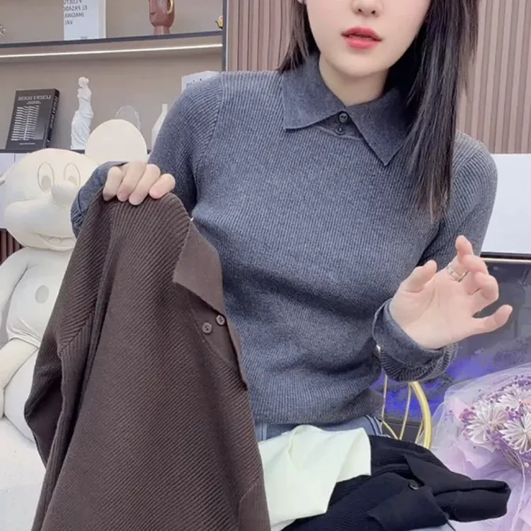 【80-180斤】极简风小翻领厚款针织衫上衣女秋冬季高品质内搭打底衫