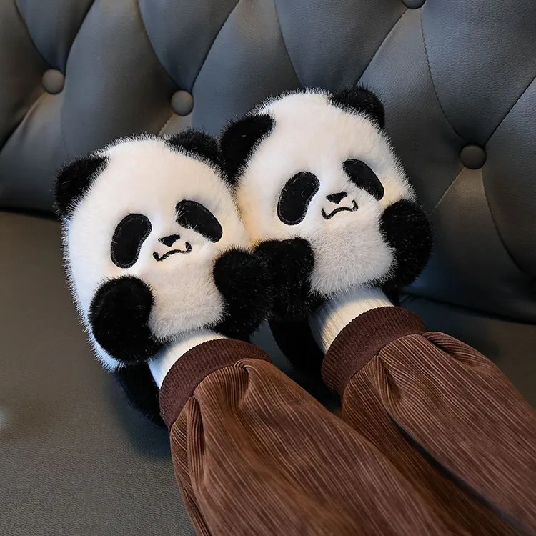 儿童棉拖鞋卡通熊猫男女童秋冬保暖加绒毛毛亲子中大童小孩棉拖鞋