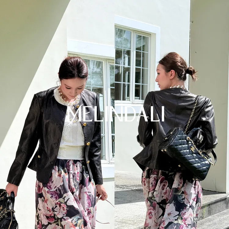 Melinda Li【赫本皮衣】黑标英国进口油蜡绵羊皮宾霸无领小香风皮衣