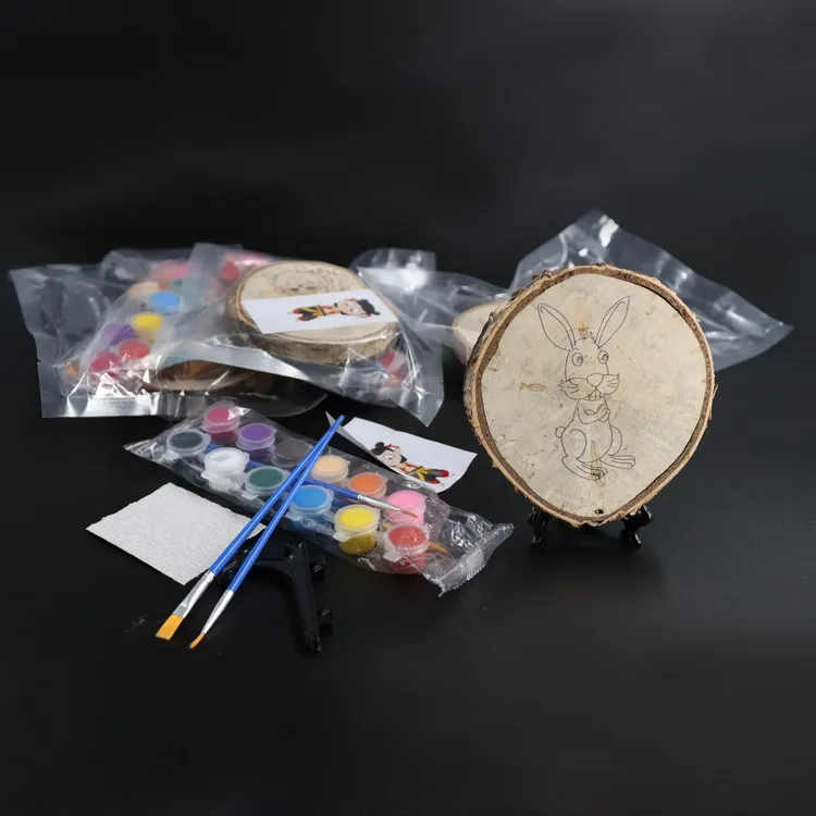 纯实木DIY儿童涂鸦材料全套六件套手工原木丙烯颜料绘画卡通图案