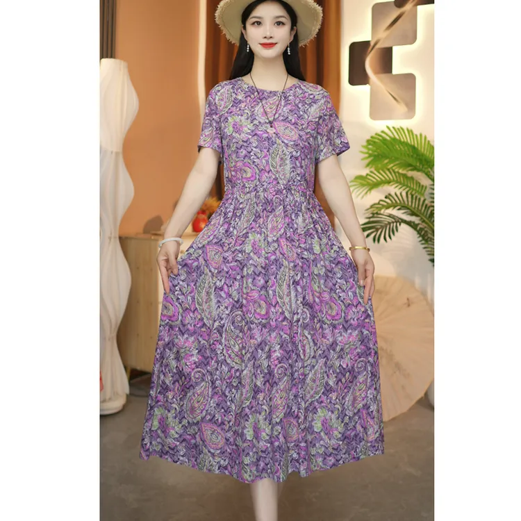 紫霞仙子妈妈装中长款棉绸裙子夏季新款时尚短袖系带大码连衣裙