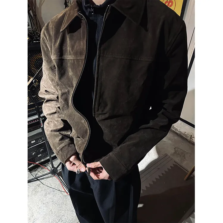 美式复古棕色麂皮绒外套男春秋季cleanfit巴恩风工装短款正肩夹克