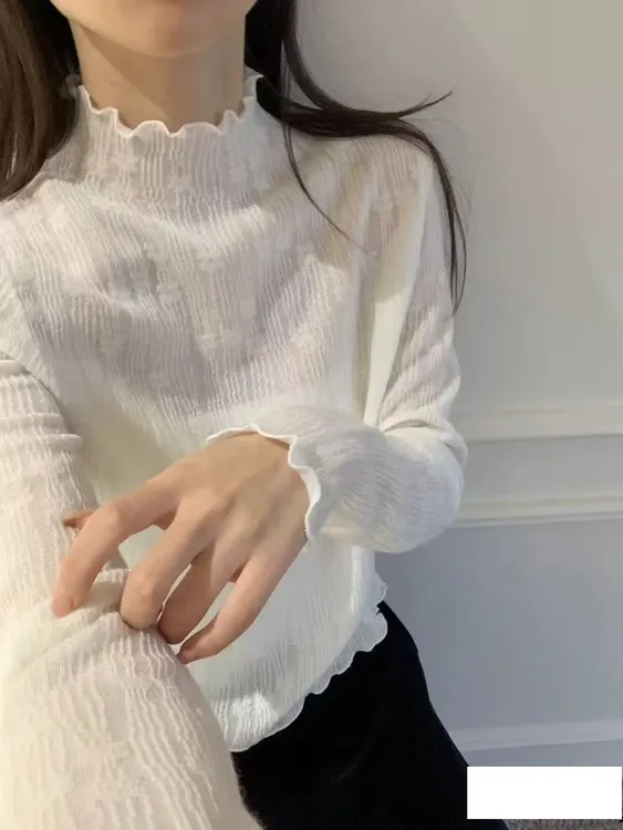 秋冬季薄款加绒木耳边小立领提花长袖百搭显瘦蕾丝打底衫ins风