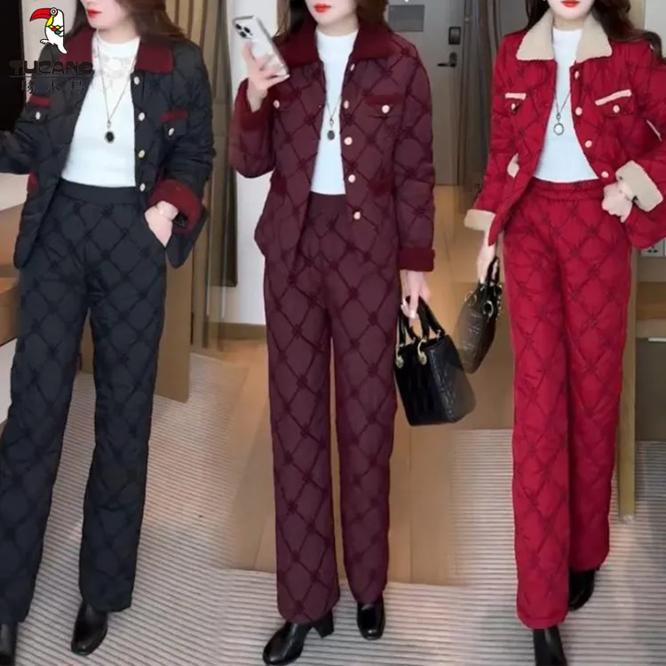 啄木鸟加绒加厚时尚套装女士冬季新款洋气提女士冬季加厚棉衣套装