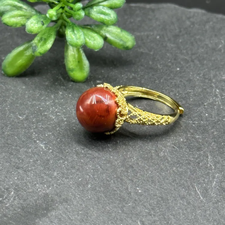 原矿无优化（编16）冰红南红时尚镶嵌工艺可调男戒指多样性发一