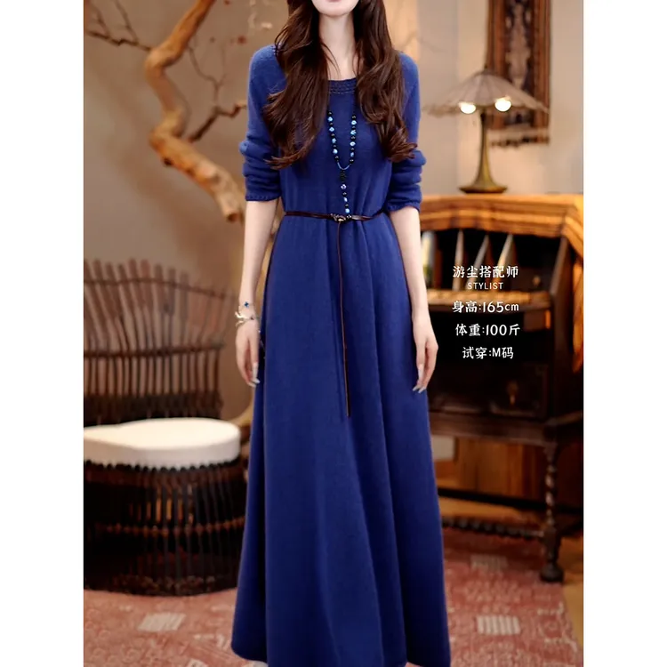 高档时尚文艺复古针织连衣裙2026春季新款洋气减龄宽松遮肉A字裙