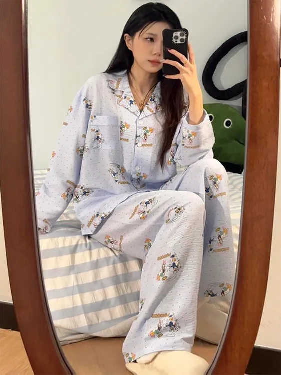 【趣味小鸭】韩版睡衣女可爱印花少女长袖春秋季舒适家居服两件套