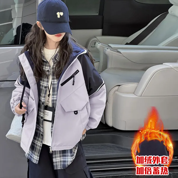 女童冲锋衣加绒加厚外套秋冬款洋气韩版10-15岁大童儿童连帽上衣