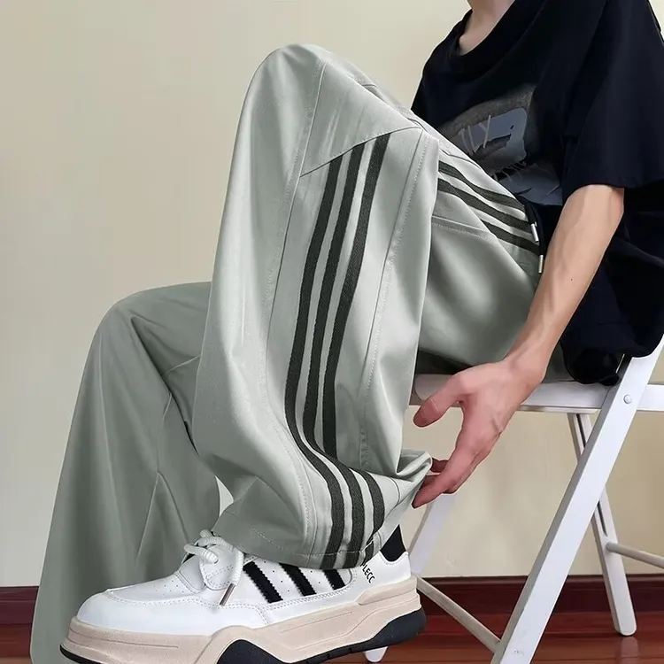 2025新款直筒冰丝裤百搭宽松显瘦速干薄款透气裤子潮流条纹休闲裤