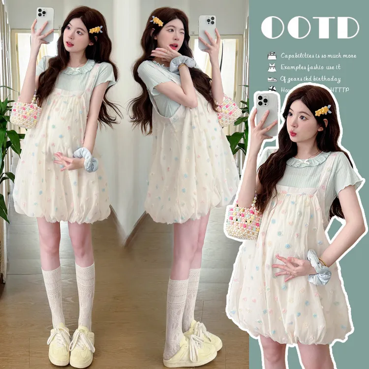 孕妇装时尚洋气减龄小个子2025夏重工艺花苞背带裙T恤孕妇两件套