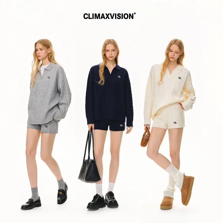 【双11好物】CLIMAX VISION POLO翻领刺绣绞花针织毛衣/毛织短裤女