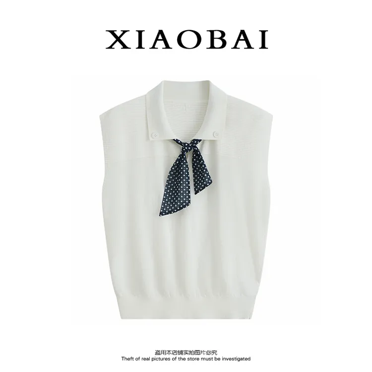 XIAOBAI 无袖polo领针织衫夏季新款透气双色上衣女翻领设计师女装