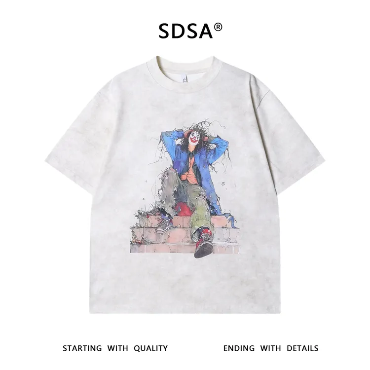 夏季高级感新款美式洒金楼梯小丑印花短袖T恤百搭宽松圆领上衣