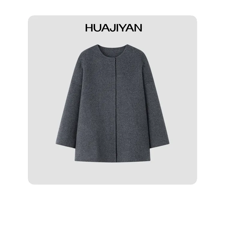 华吉言/HUAJIYAN【灰木】羊毛桑蚕丝混纺宽松H型小圆领大衣外套