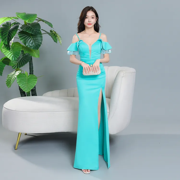 性感吊带晚礼服长款低胸气质修身显瘦开叉露肩包臀鱼尾连衣裙显瘦